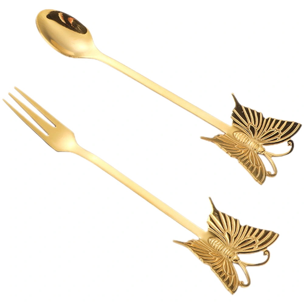 1 Set Stainless Steel Stirring Spoon Butterflies Ice Cream Spoon Dessert Fork Serving Fork