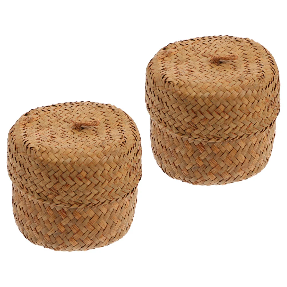 2pcs Sea Grass Woven Storage Basket Rustic Woven Flower Basket Round Woven Storage Basket With Lid