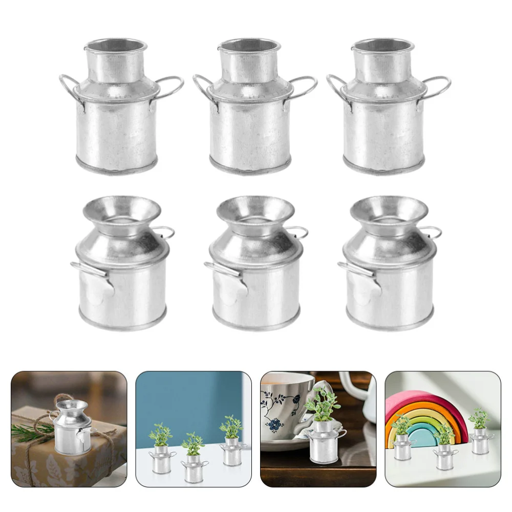 6Pcs Mini Flower Bucket Miniature Milk Can Jug Vase Doll House Vases Micro Landscape Decoration