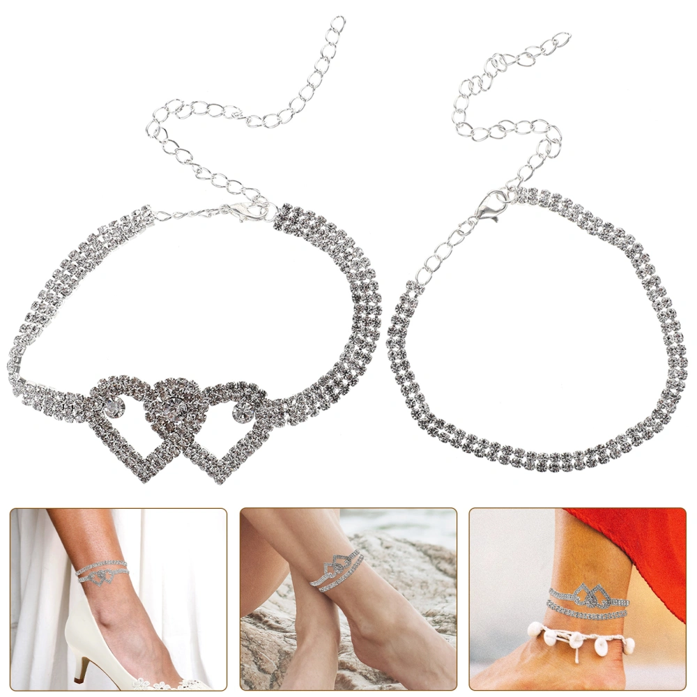 2pcs Rhinestone Anklet Chain Heart Anklet Bracelets Heart Shaped Anklets Women Jewelry