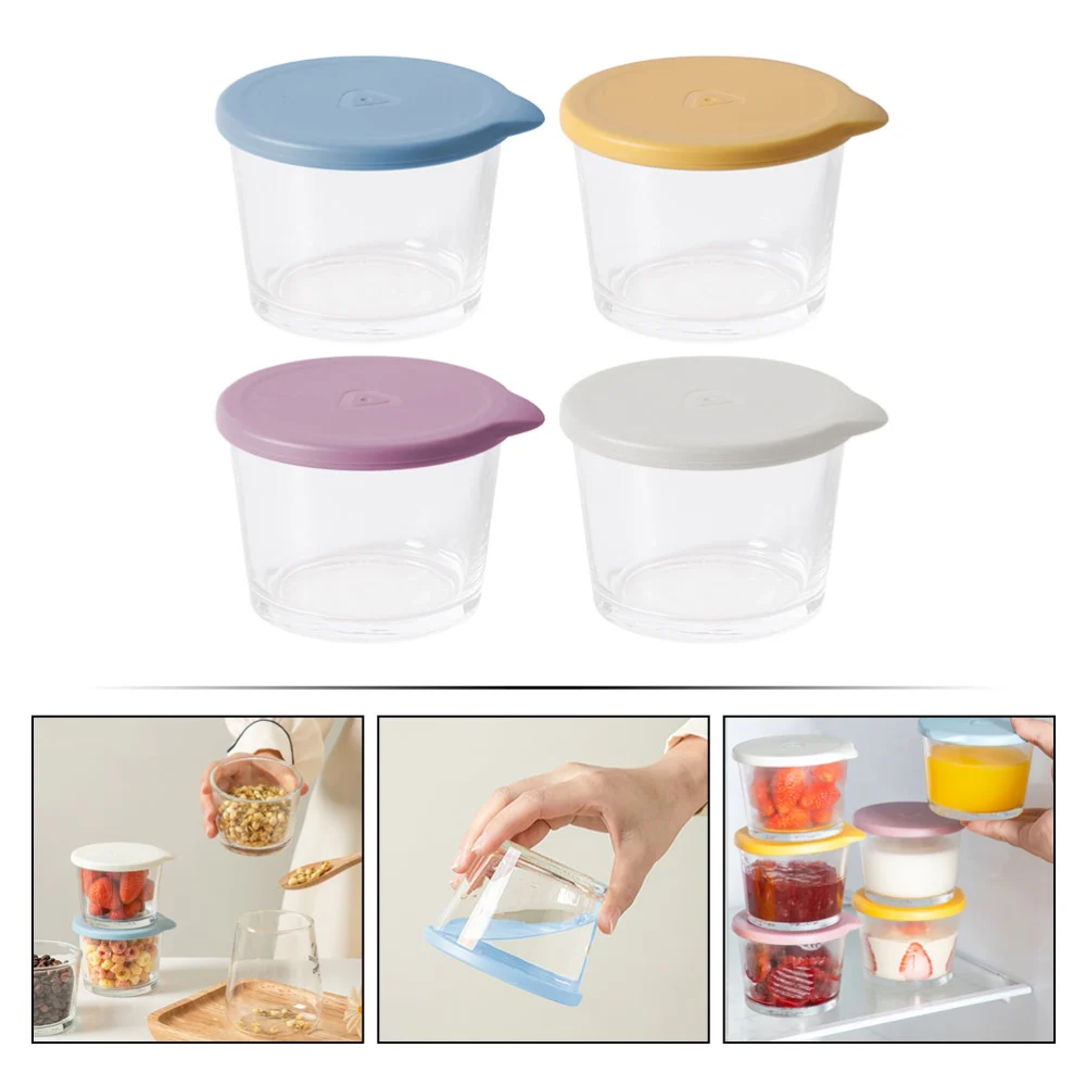 4pcs Seal Glass Storage Jar Food Storage Container Fruit Yogurt Storage Holder