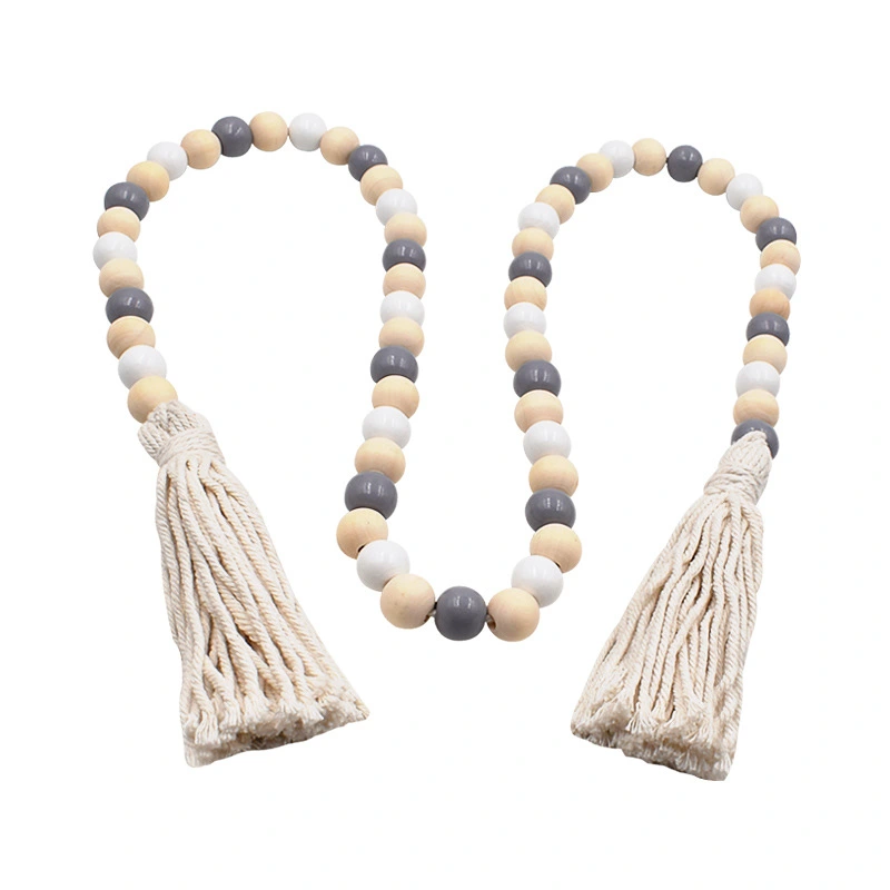 Farmhouse Bead Garland Wooden Bead String with Tassel Decorative Art Bead Garland for Garden