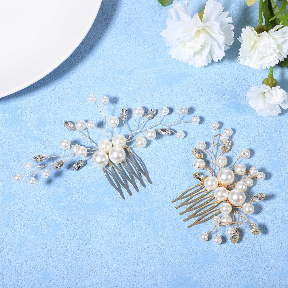 2Pcs Bride Pearl Hair Side Comb Bling Rhinestone Bridal Hair Clips Headdress Hair Accessories for Wedding Party