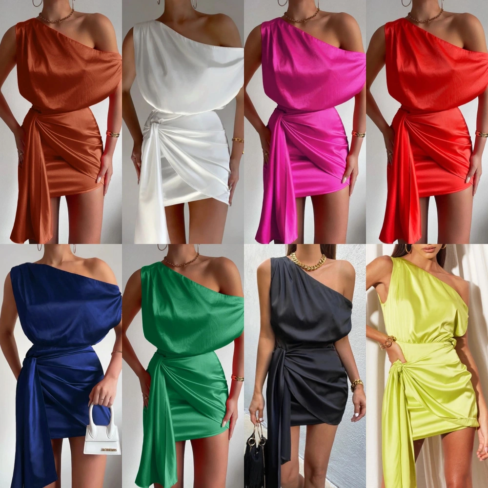 Solid Color Shoulder Sleeveless Diagonal Collar Mid Waist Lace-up Irregular Dress