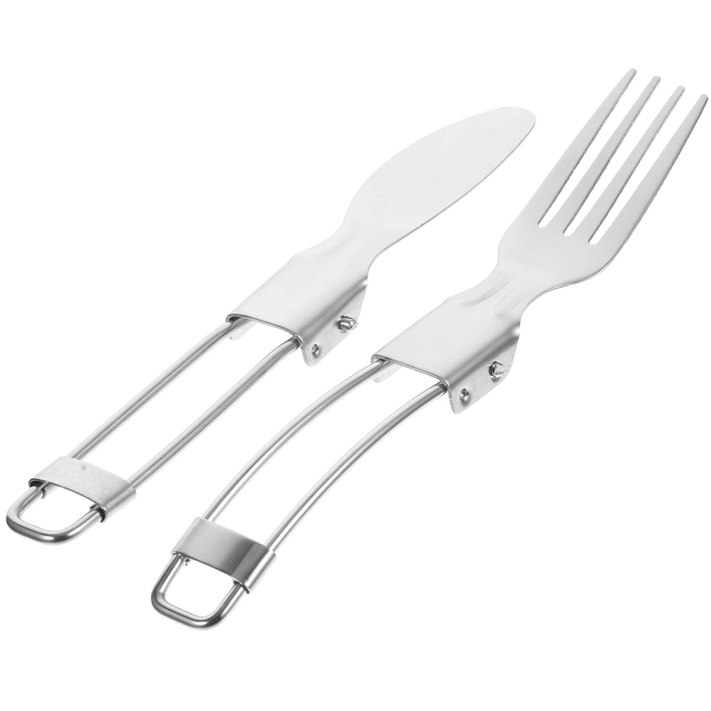 1 Set of Durable Camping Cutlery Stainless Steel Tableware Table-knife Fork with Storage Bag