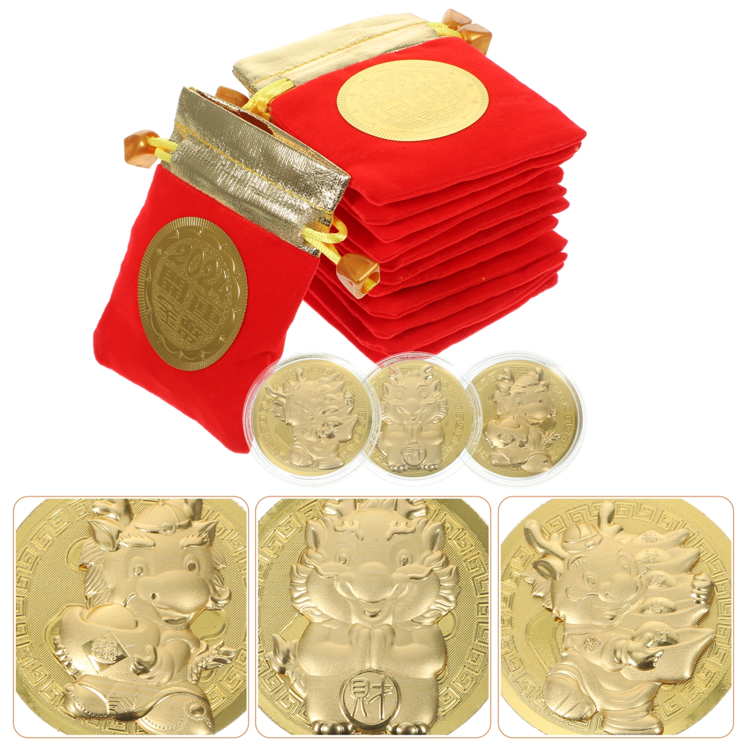 12 Sets The Year Of Dragon Commemorative Coin with Small Drawstring Gift Dragon Gold Coins