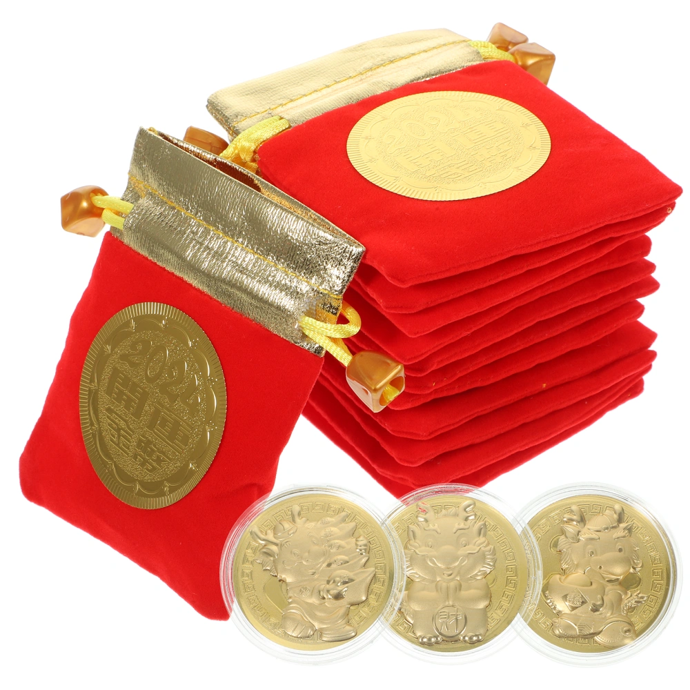 12 Sets The Year Of Dragon Commemorative Coin with Small Drawstring Gift Dragon Gold Coins