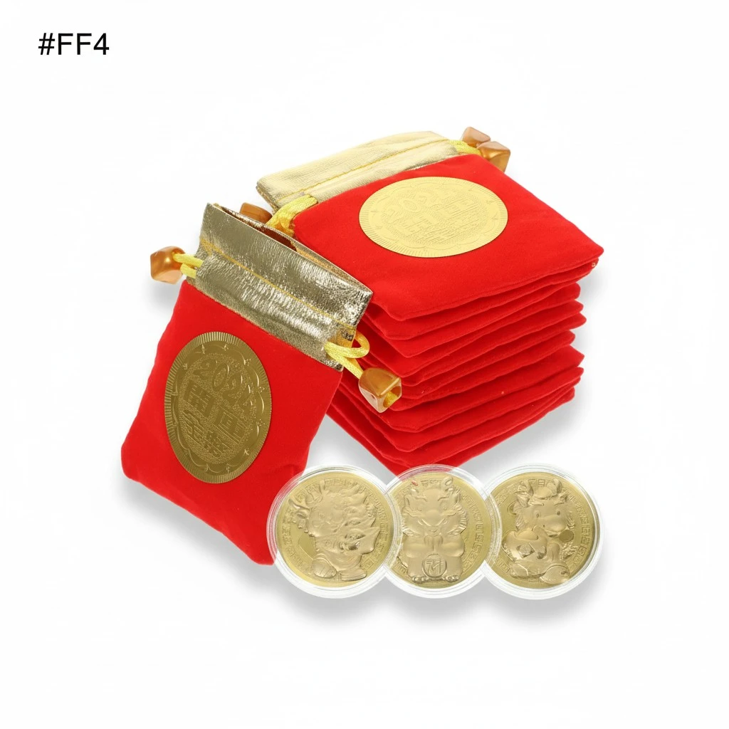 12 Sets The Year Of Dragon Commemorative Coin with Small Drawstring Gift Dragon Gold Coins