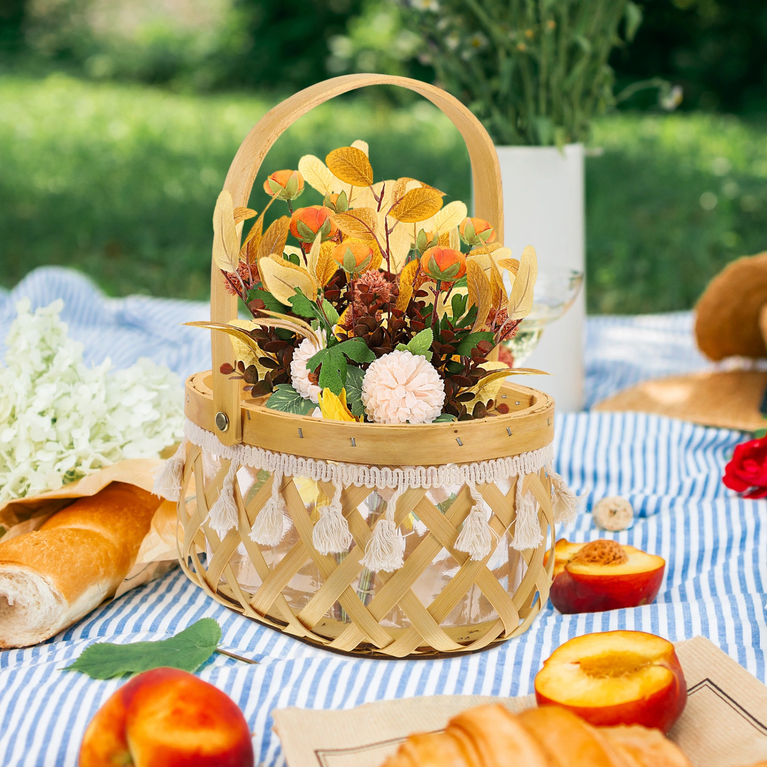 Handwoven Flower Basket with Handle Picnic Basket Wedding Flower Basket Decorative Basket