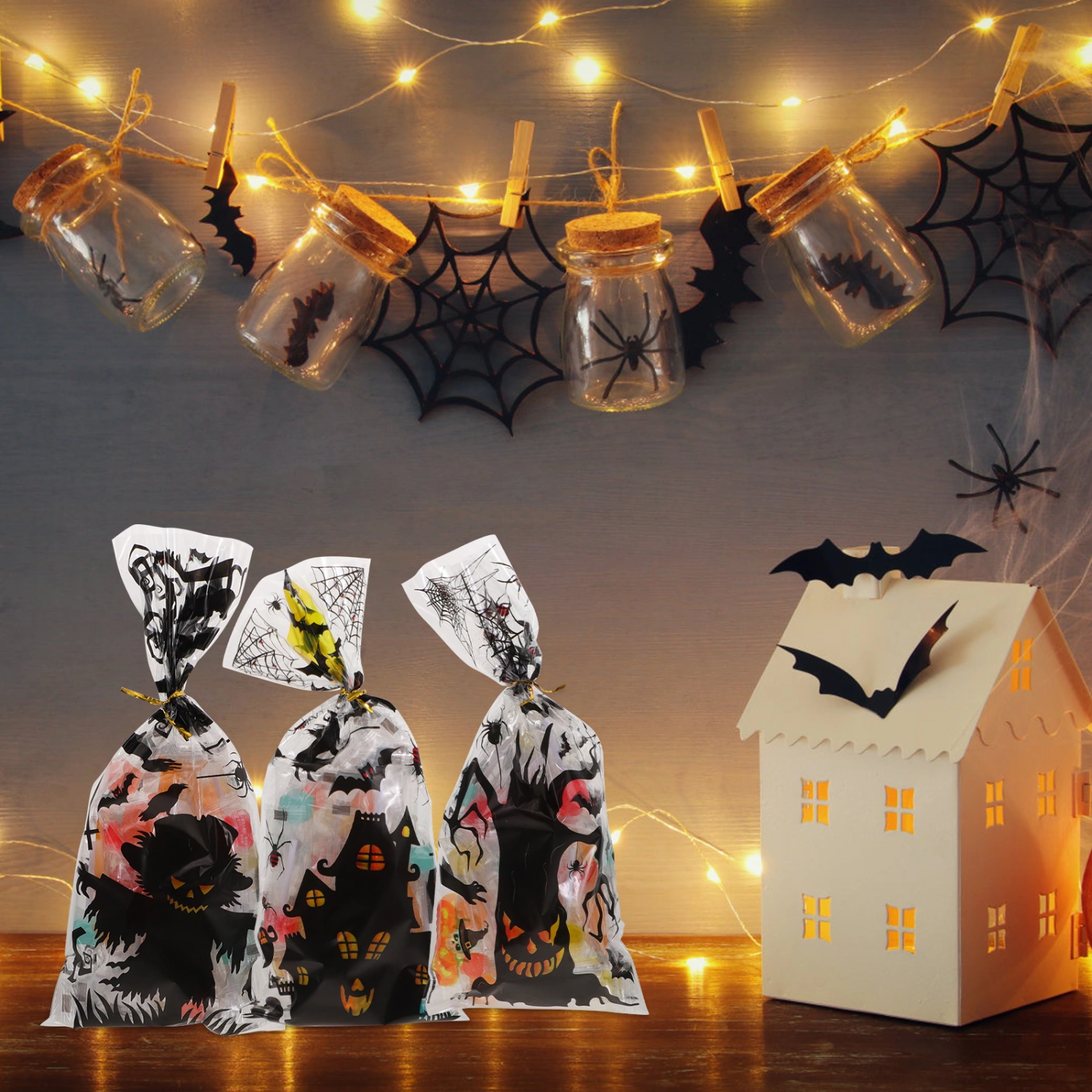 100Pcs Halloween Treats Bags Halloween Treat Pouch with Ties Candy Cookie Goodies Packing Bags