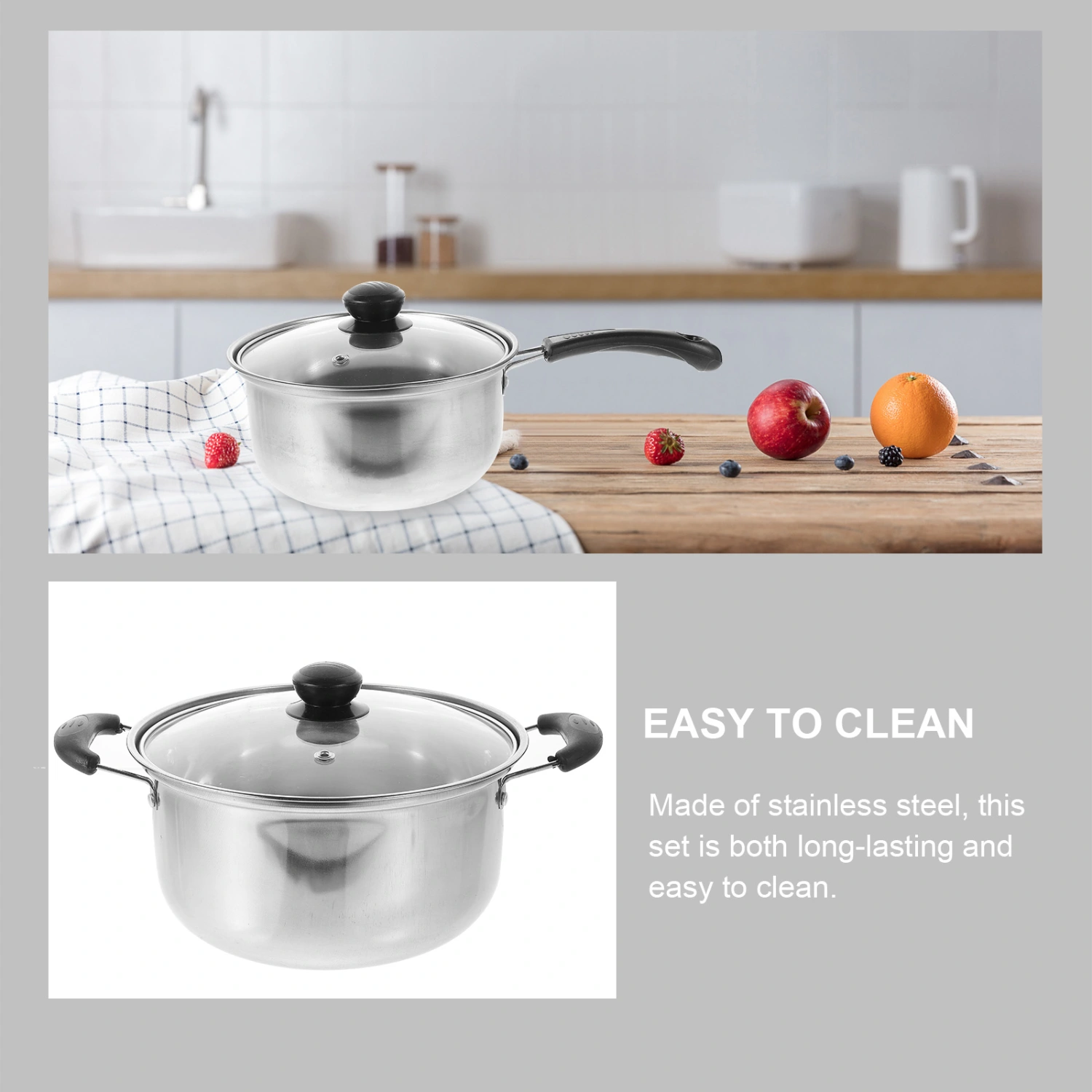1 set of Stainless Steel Cookware Set Flat Bottom Frying Pan Soup Pot Milk Pot