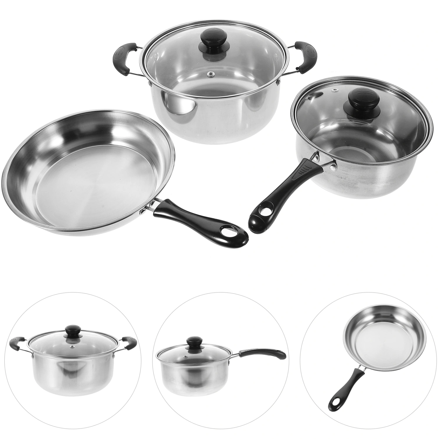 1 set of Stainless Steel Cookware Set Flat Bottom Frying Pan Soup Pot Milk Pot