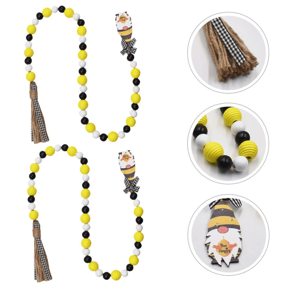 2pcs Bee Wood Bead Garland with Tassel Wooden Beads Garland with Gnome Tag Farmhouse Tiered Tray Decor