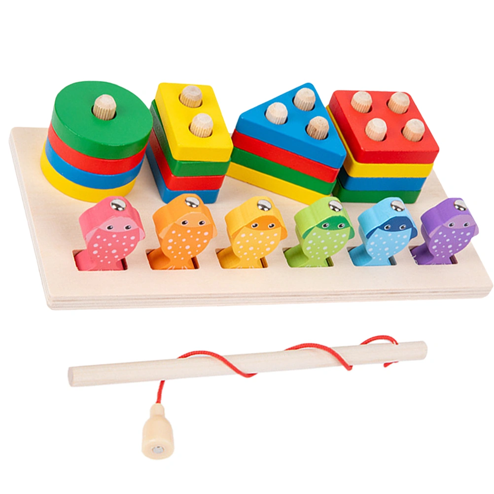 1 Set Wooden Fishing Toy 2-in-1 Cartoon Matching Block Angling Toy for Kids