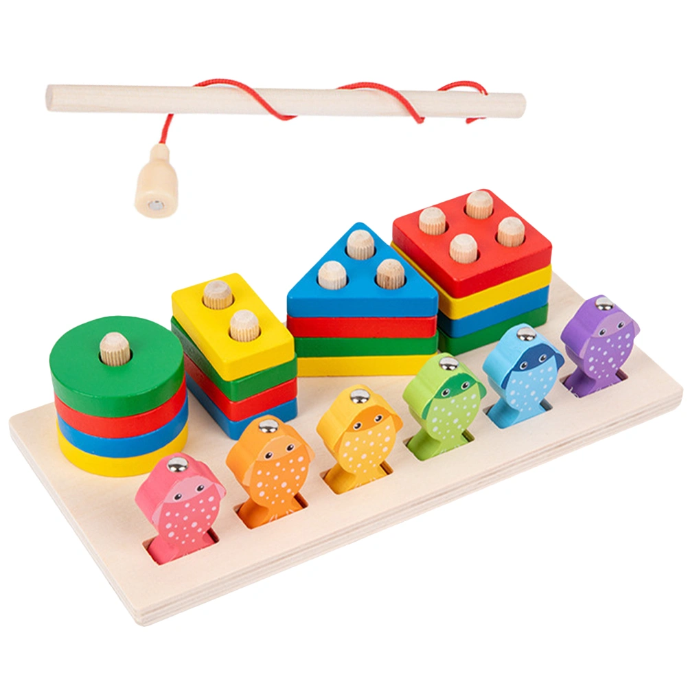 1 Set Wooden Fishing Toy 2-in-1 Cartoon Matching Block Angling Toy for Kids