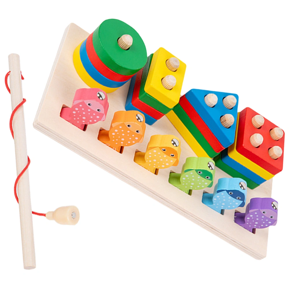 1 Set Wooden Fishing Toy 2-in-1 Cartoon Matching Block Angling Toy for Kids