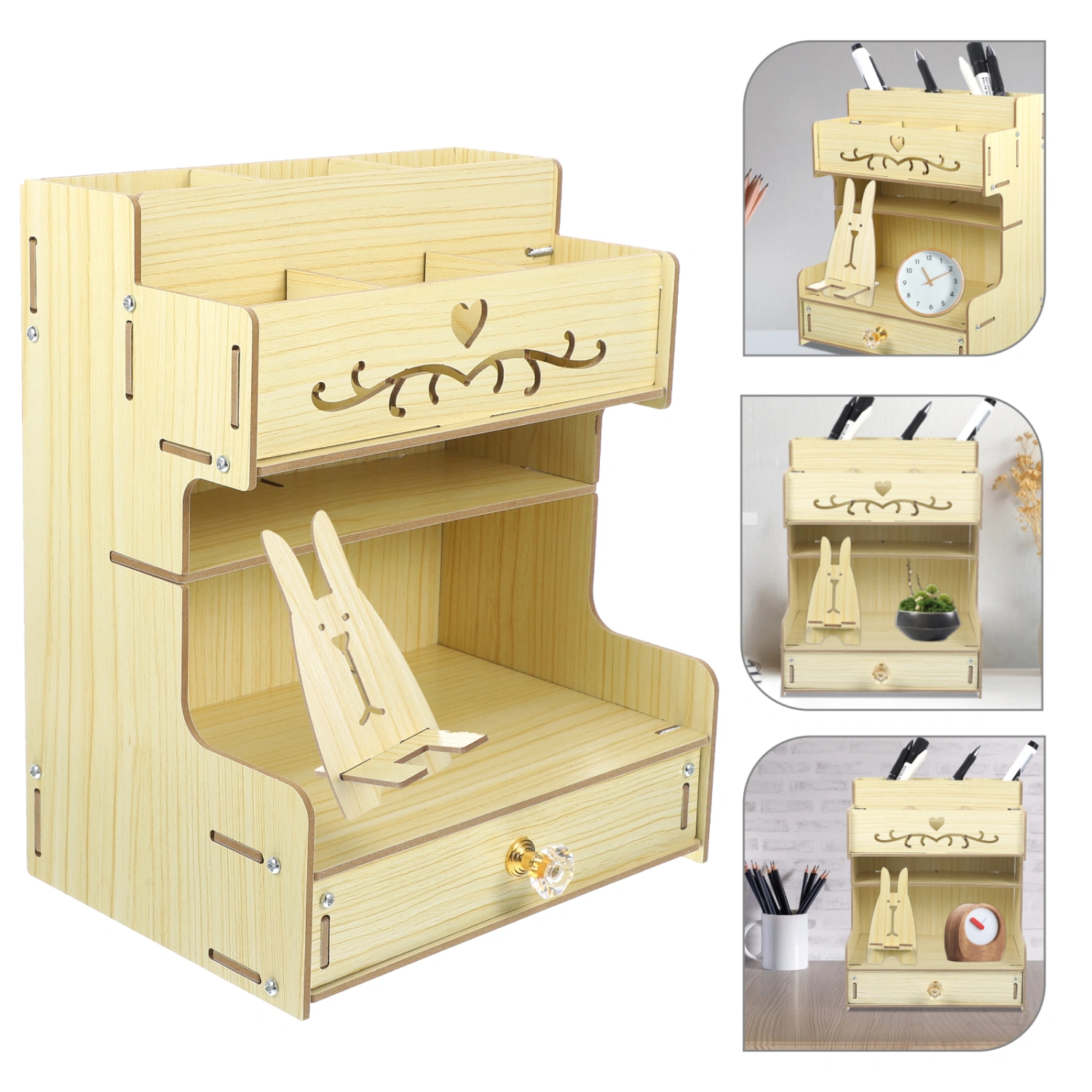 Wooden Desk Organizer Multi-Functional Pen Holder Storage Box Desktop Stationery Storage Rack for Office