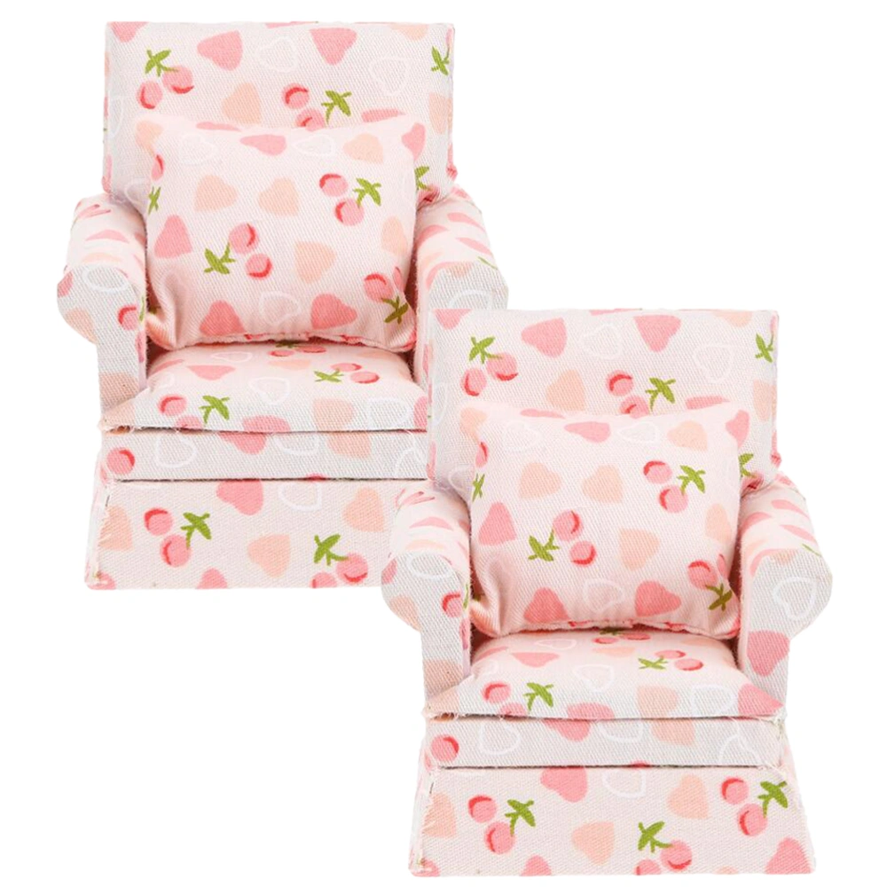 2 pcs Doll House Mini Single Sofa Armchair Miniature Single Sofa Couch with Pillows