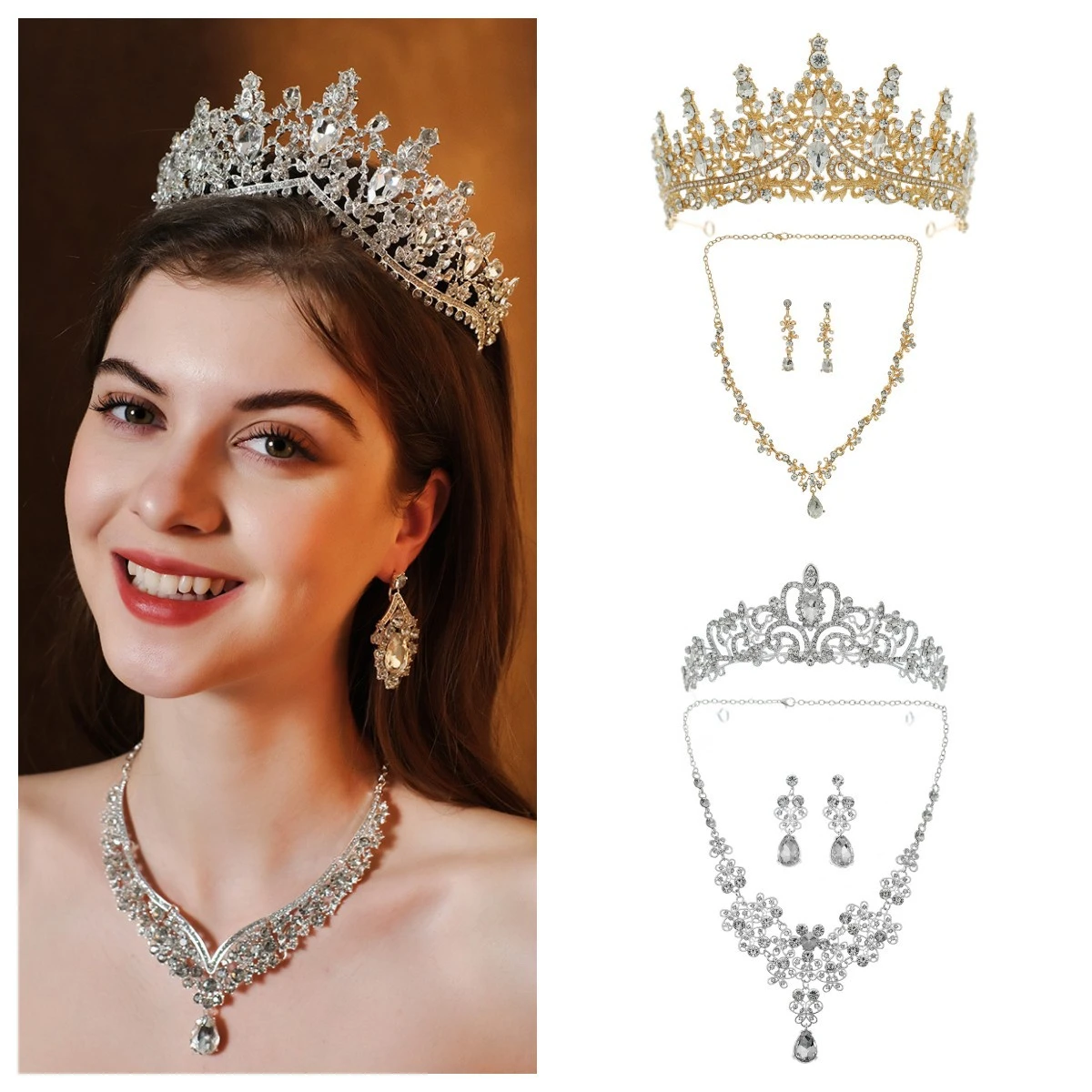 1 Set Women Jewelry Crown Rhinestone Earrings Necklace Drop Earrings Decoration for Wedding Bride