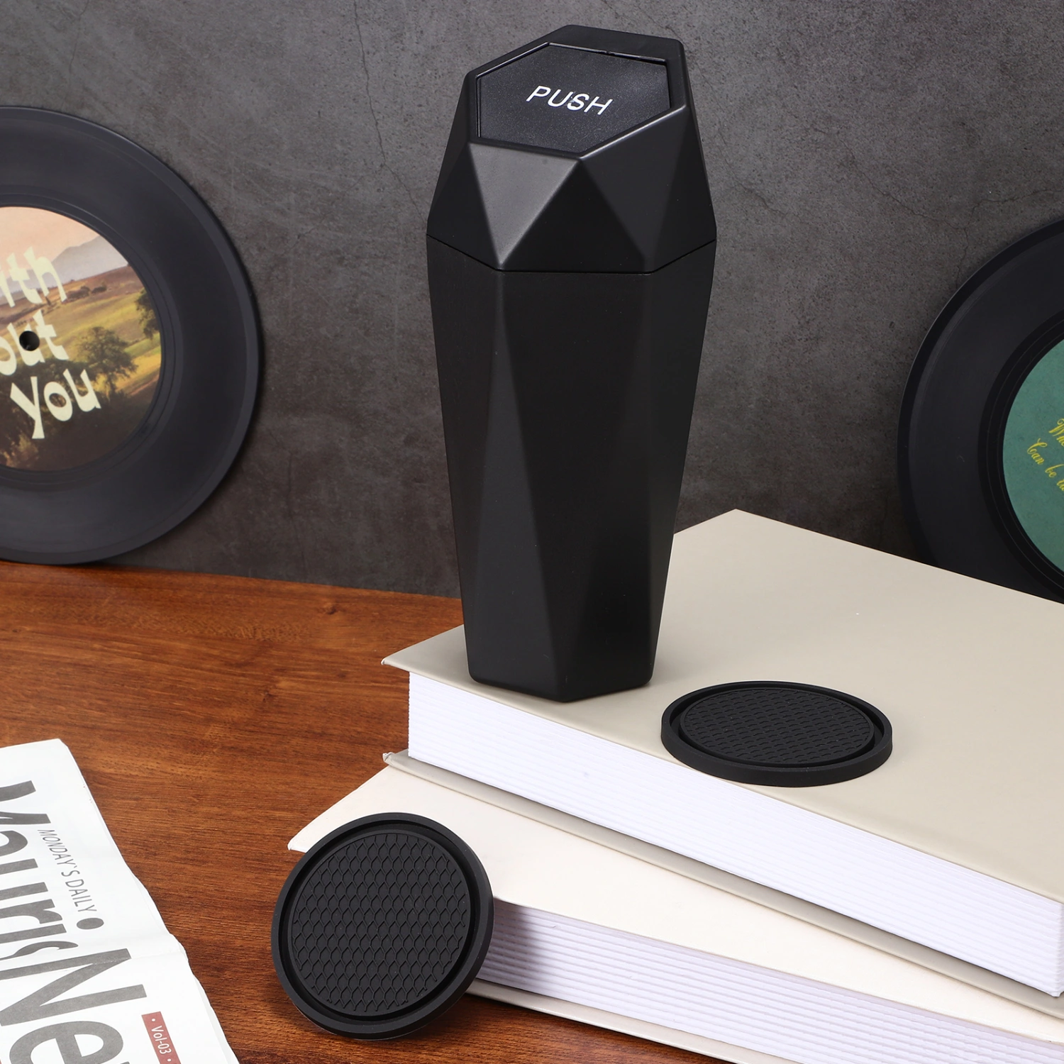 Car Trash Can Leakproof Garbage Bin with Cup Holder Coaster Vehicle Accessories for Car Interior