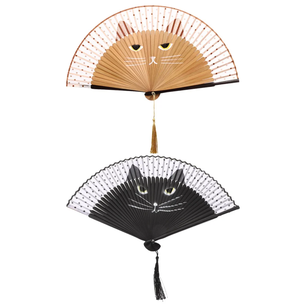 2Pcs Handheld Fans Cartoon Cat Folding Fan Hand Fan Dancing Cosplay Wedding Party Prop