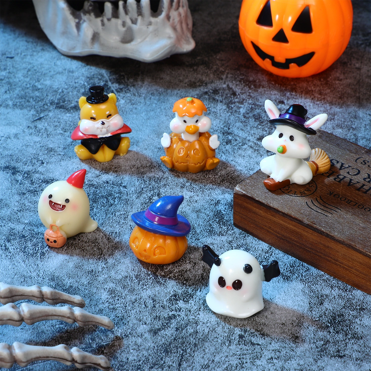 6Pcs Halloween Ornaments Witch Rabbit Lovely Ghost Hat Pumpkin Figure Resin Crafts for Micro Landscape Potted Plant Decoration