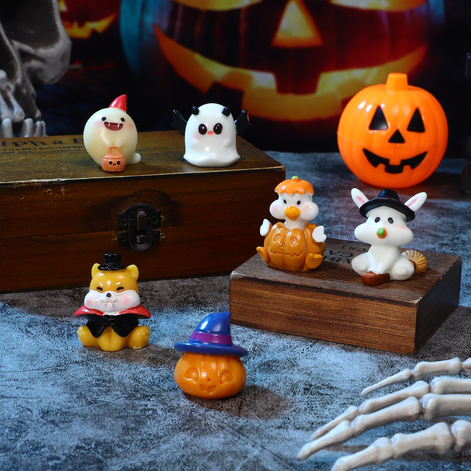 6Pcs Halloween Ornaments Witch Rabbit Lovely Ghost Hat Pumpkin Figure Resin Crafts for Micro Landscape Potted Plant Decoration