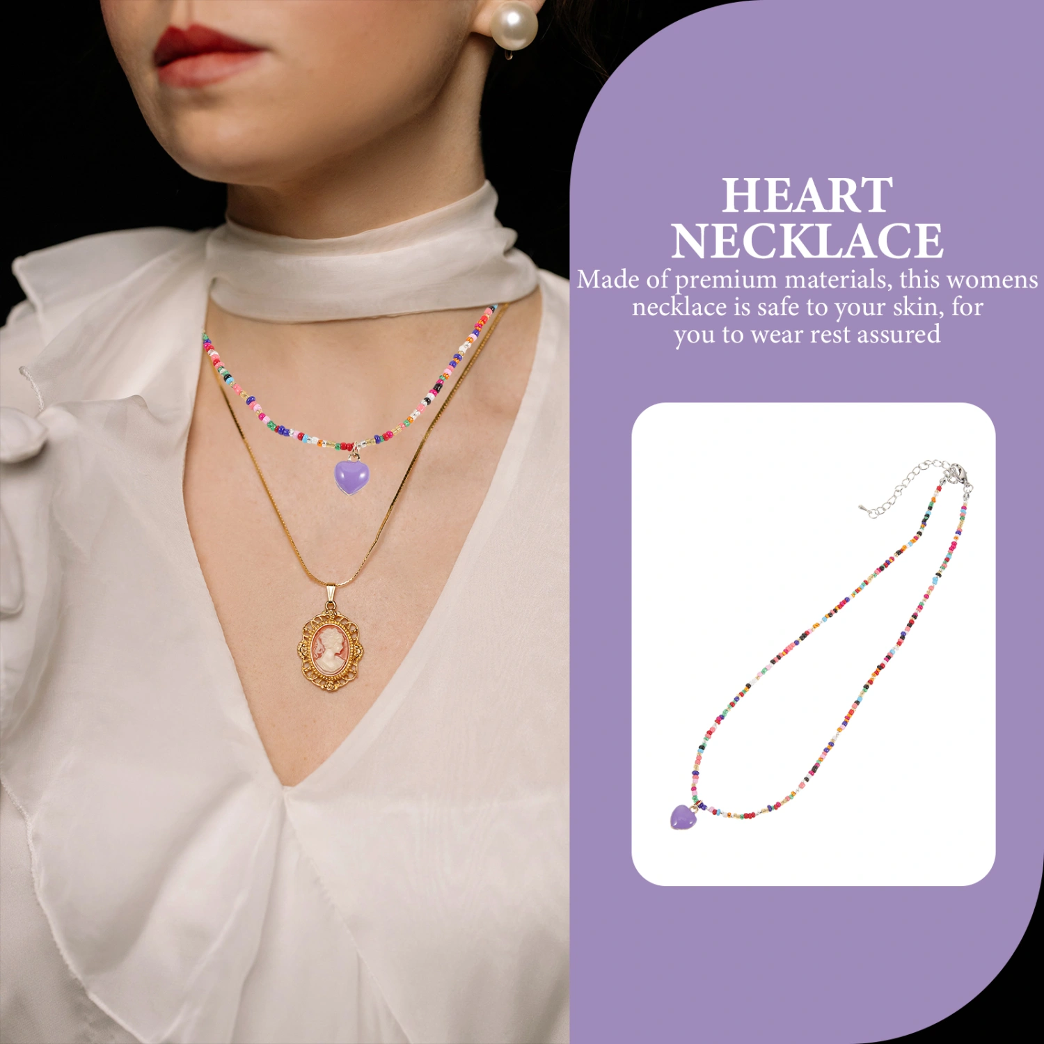 Women Necklace Teen Girls Beaded Necklace Heart Pendant Necklace Ladies Neck Jewelry