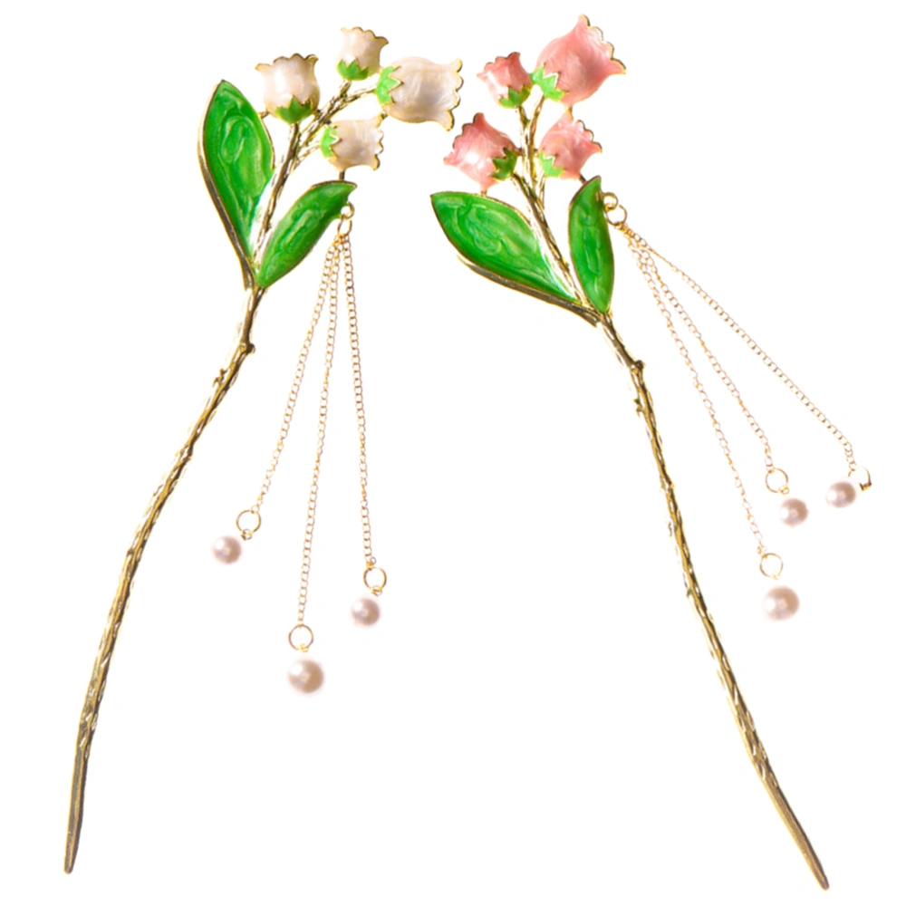 2pcs Retro Hair Chopsticks Flower Hair Stick Pearl Tassel Chinese Hair Stick Hairpin