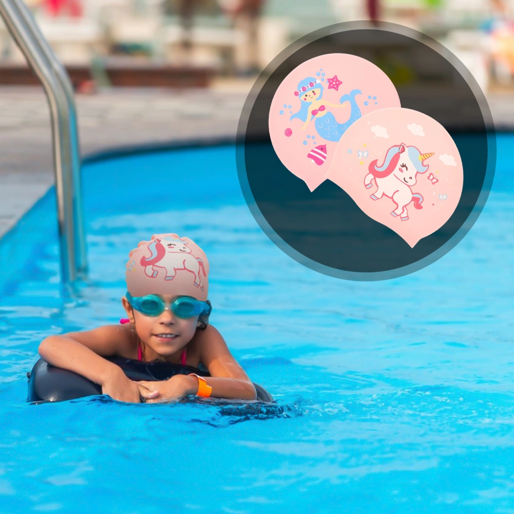 2Pcs Kids Swimming Caps Cartoon Swim Caps Adorable Swim Caps Anti-skid Toddlers Swim Caps