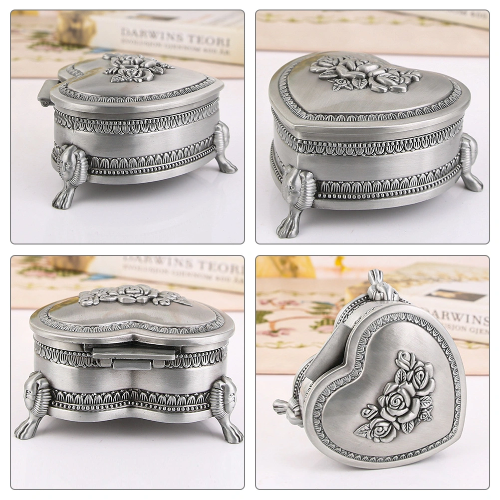 Embossed Jewelry Container Ear Stud Ring Storage Case Vintage Heart Shape Jewelry Trinket Box