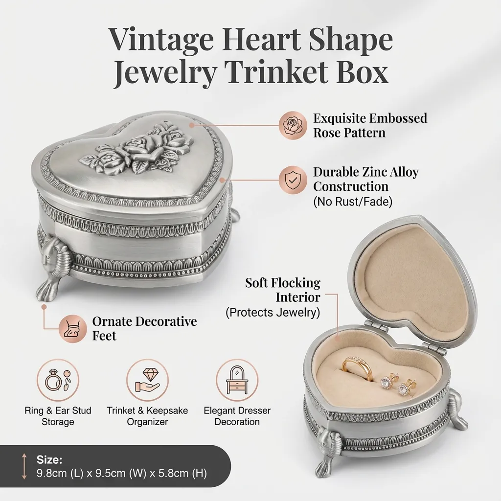 Embossed Jewelry Container Ear Stud Ring Storage Case Vintage Heart Shape Jewelry Trinket Box
