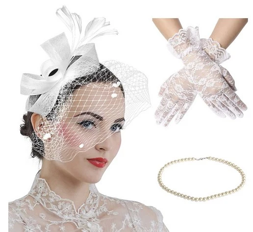 1  Set Tea Party Fascinator Hat Pearl Necklace Lace Gloves Bride Banquet Headdress Wedding Accessories