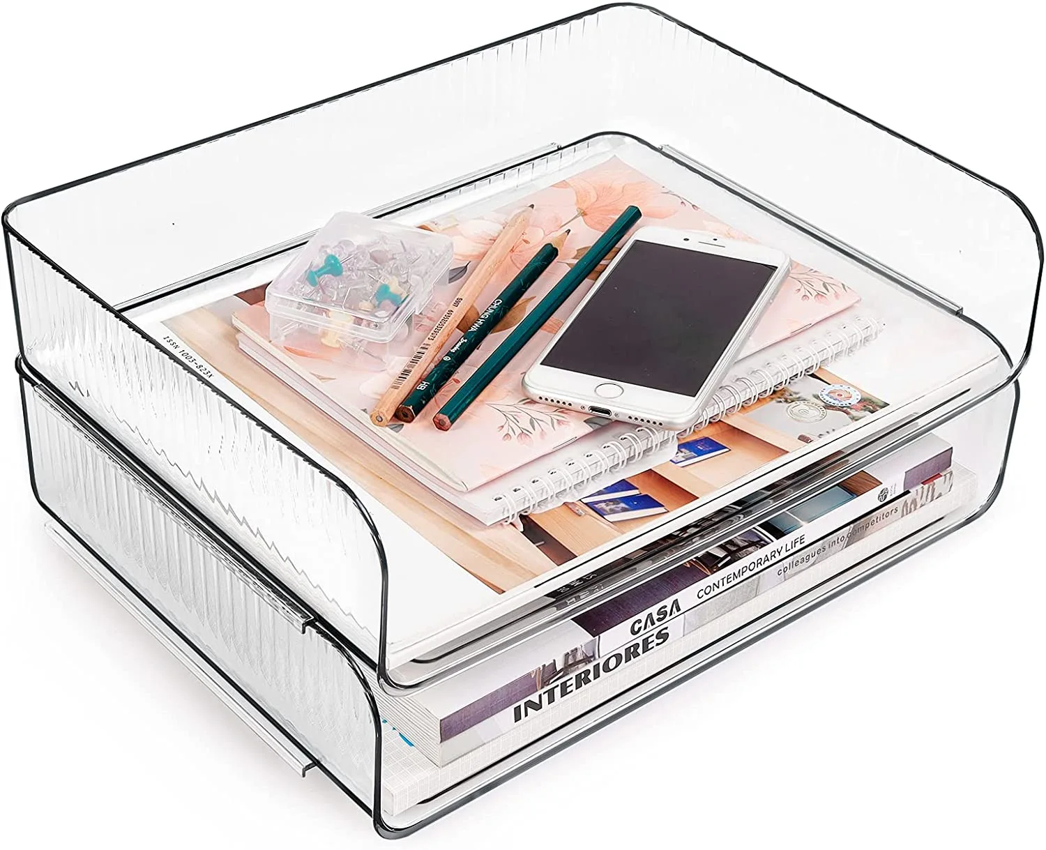 2Pcs File Organizer Clear Stackable Desk Organizer Desktop Tray Desk Book Organizer for Home