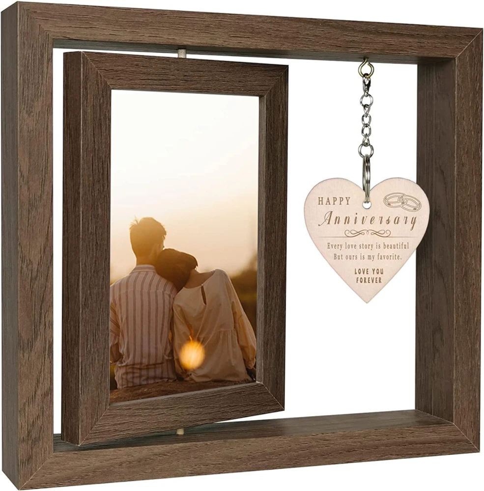 Rotating Wood Picture Frame Rustic Rotating Photo Frames Wood Photos Frame with Heart Pendant