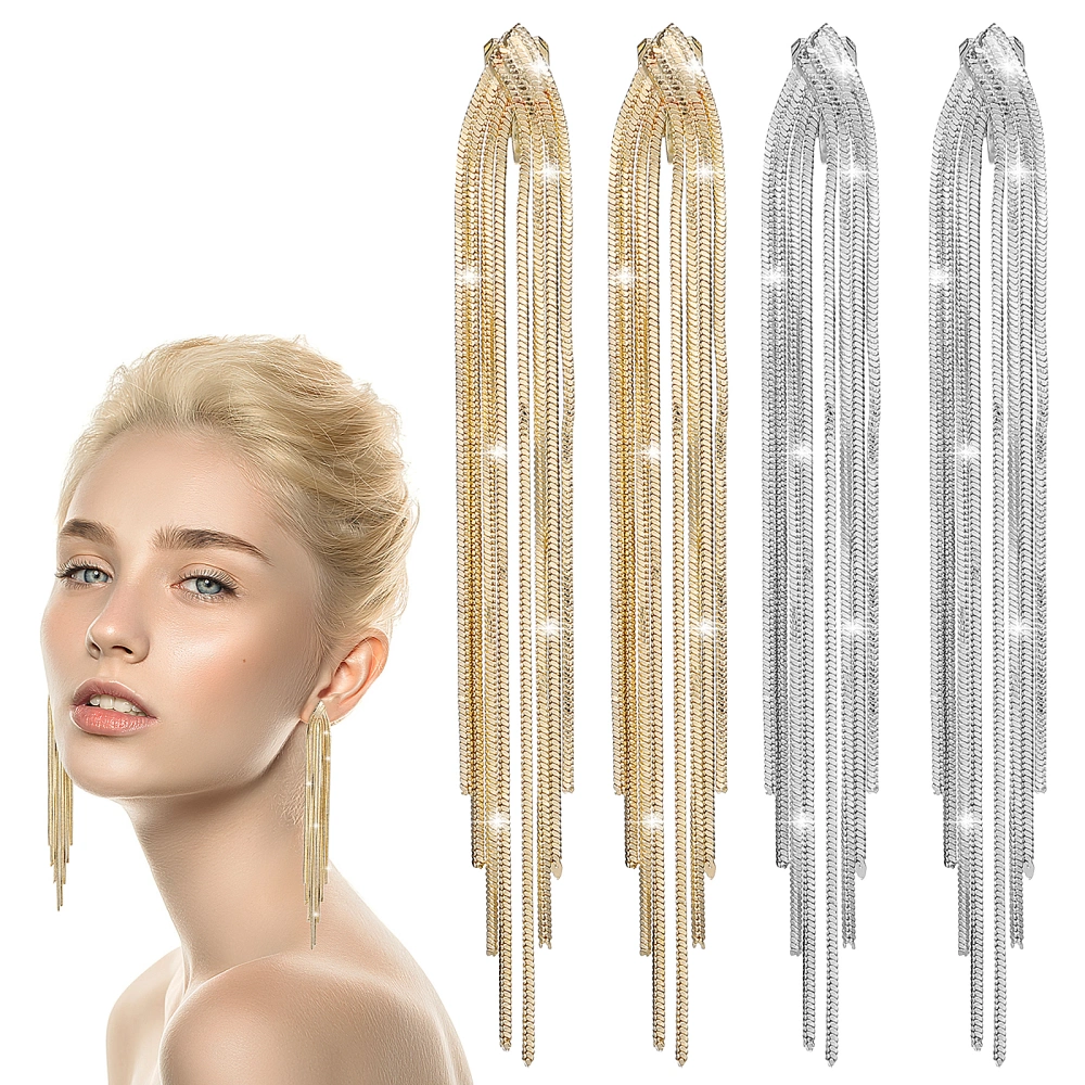 2 Pairs of Long Tassels Drop Earrings Clip-On Earrings Chandelier Earrings for Wedding Prom Banquet