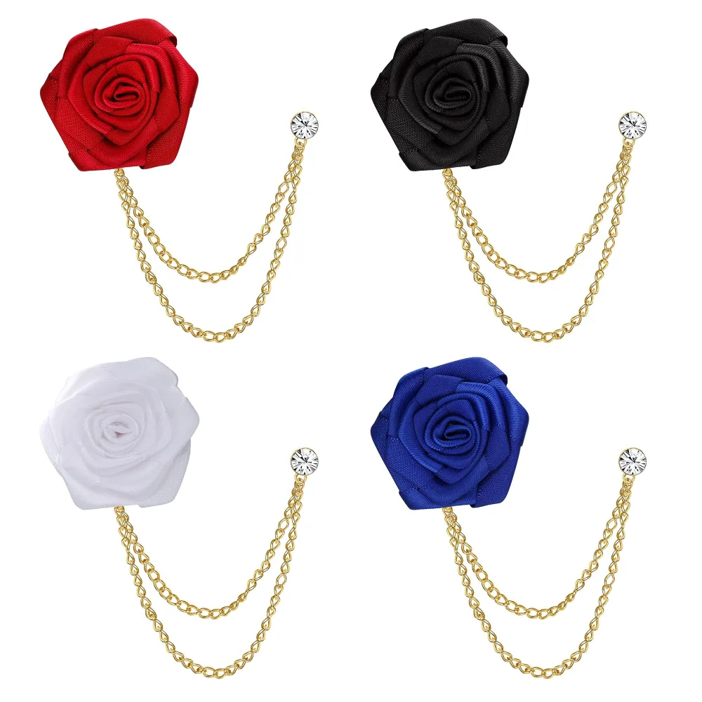 4Pcs Rose Boutonniere Prom Flower Brooch Rose Flower Brooch Lapel Pin Tassel Chain Tie Pin Decor