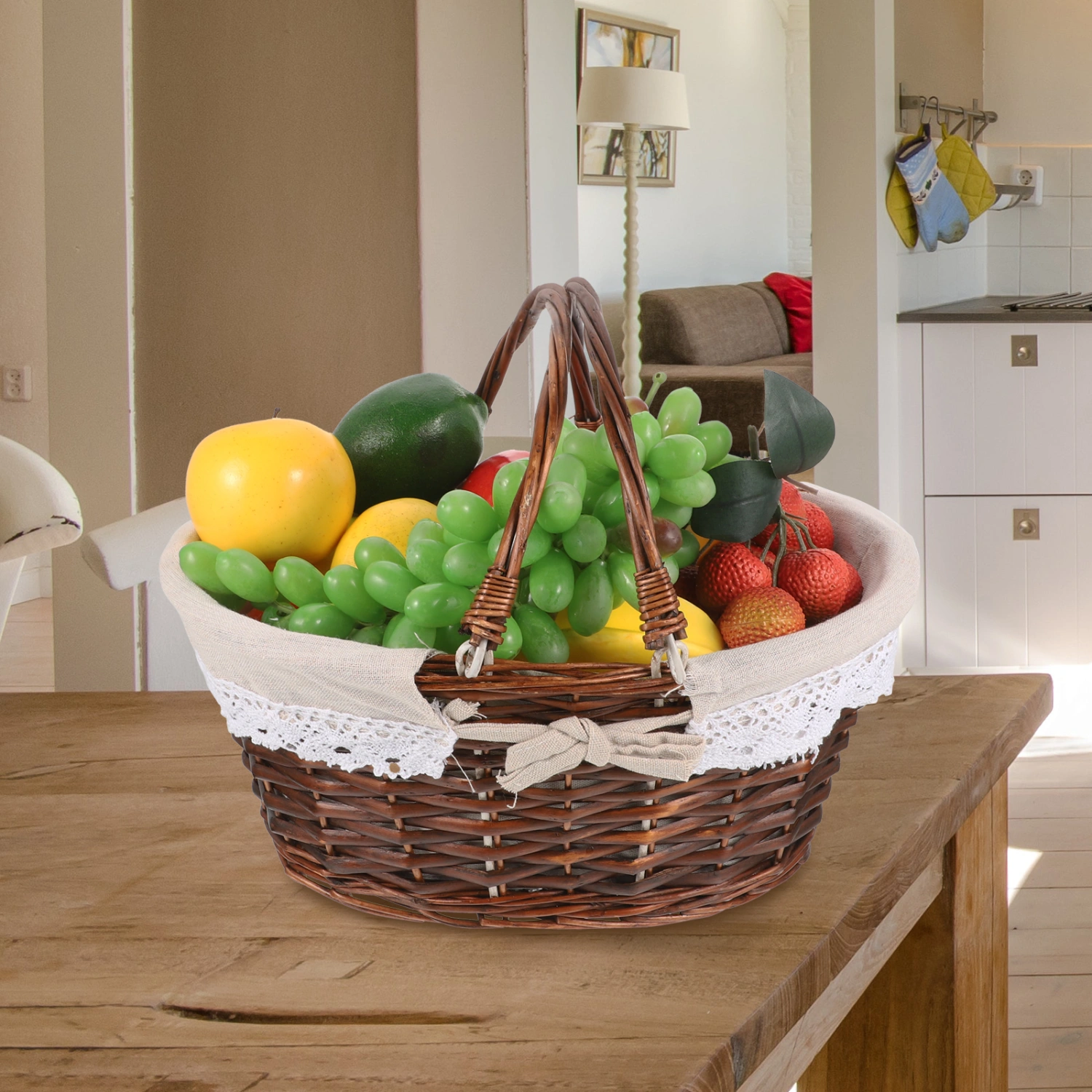 Picnic Handle Woven Basket Fruits Basket Handled Woven Fruits Storage Basket