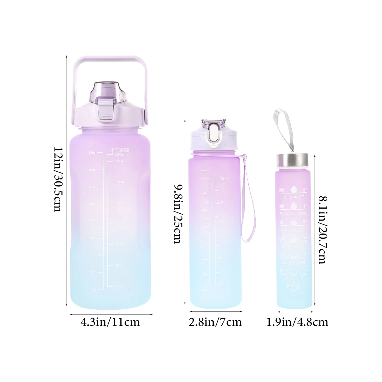 3pcs Workout Water Bottles Gym Sports Water Bottles Drinking Bottles Sports Bottles (2L, 900ML, 300ML)