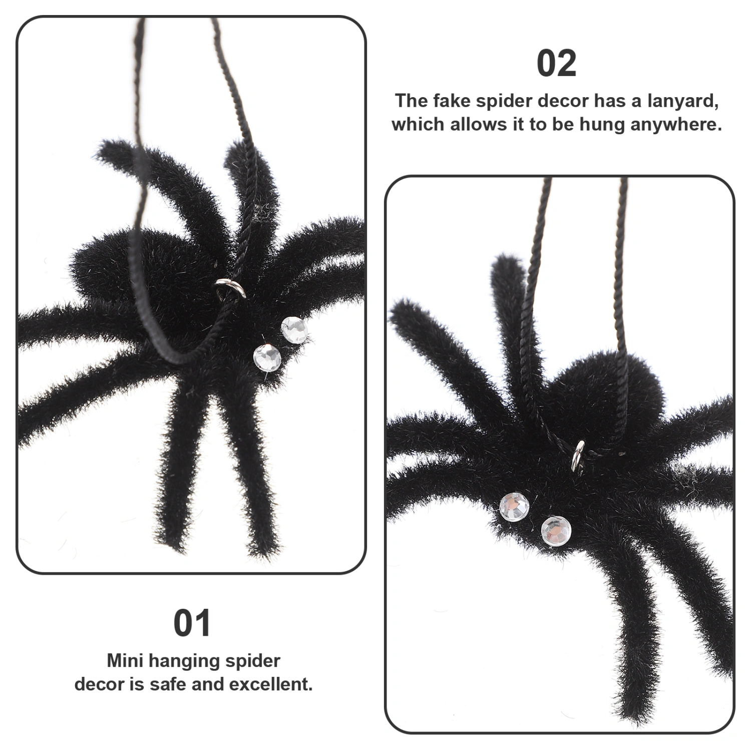 5pcs Halloween Spider Decors Flocking Spiders with Lanyard Halloween Haunted House Decorations