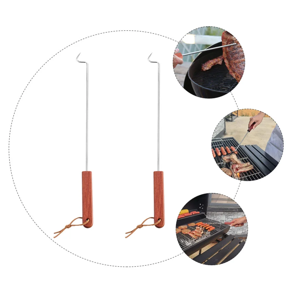 2pcs Stainless Steel Meat Hook with Wooden Handle Grilling Hook Food Flipper