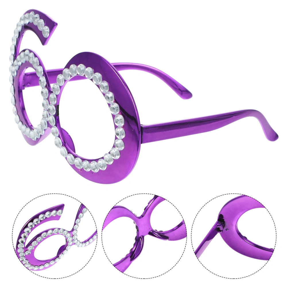 1 Pair of Birthday Glasses 60 Years Old Glasses with Rhinestones Funny Plastic Costume Photo Booth Prop