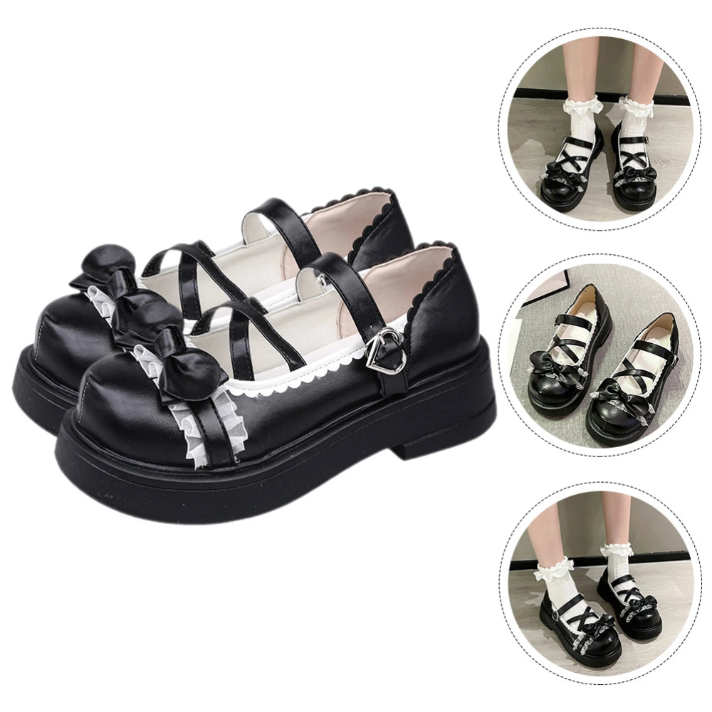 1 Pair Black Lolita Shoes Bow Leather Lolita Shoes Round Toe Strap Lolita Shoes for Women