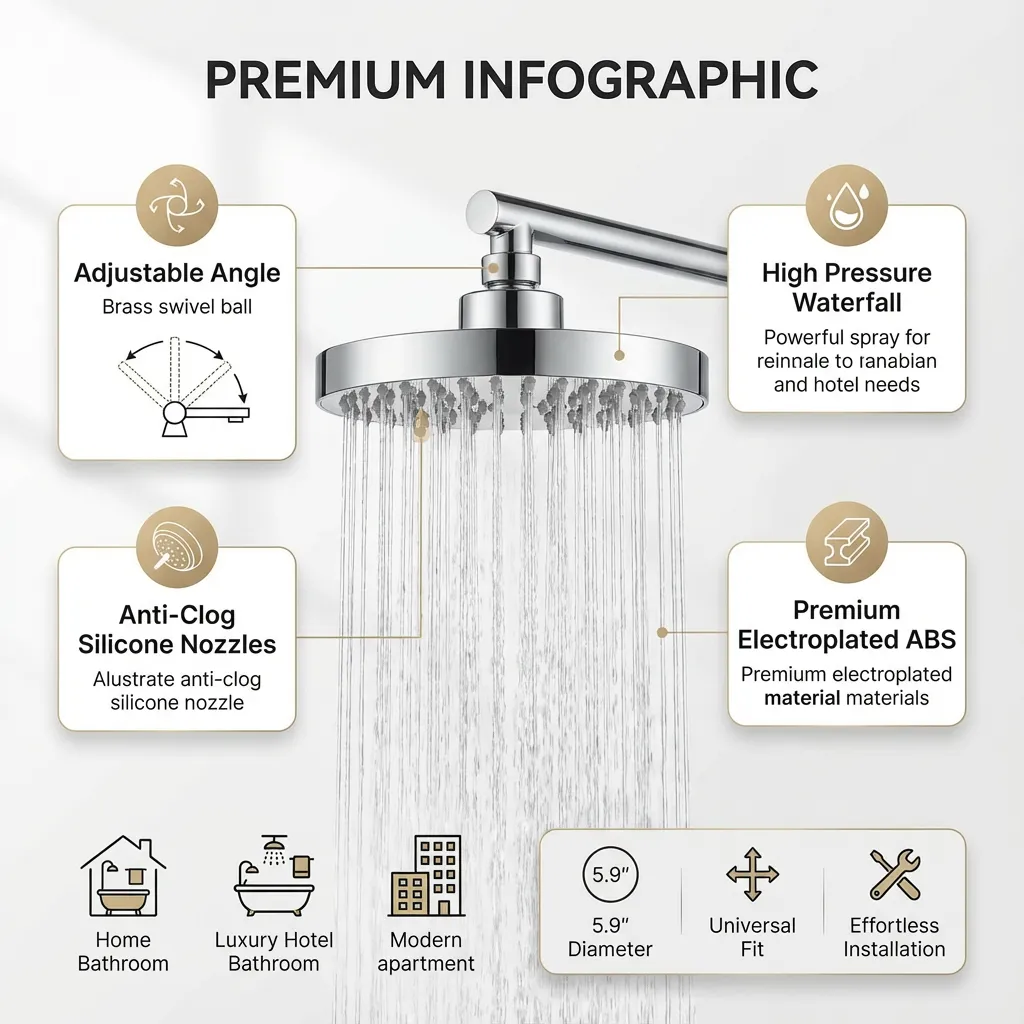 Shower Head Adjustable Angle High Pressure Waterfall Bathroom Showerhead Replacement