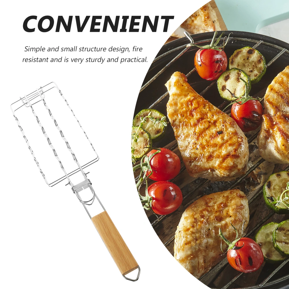 Sausage Grill Net with Wood Handle Stainless Steel Corn Grill Sausage Metal Mesh Grill