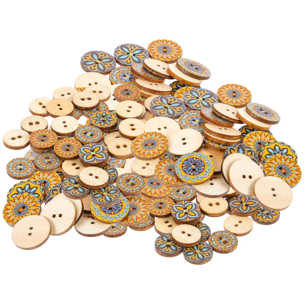 200pcs Wooden Flower Painting Buttons Bohemian Buttons Two Holes Wooden Handcraft Buttons