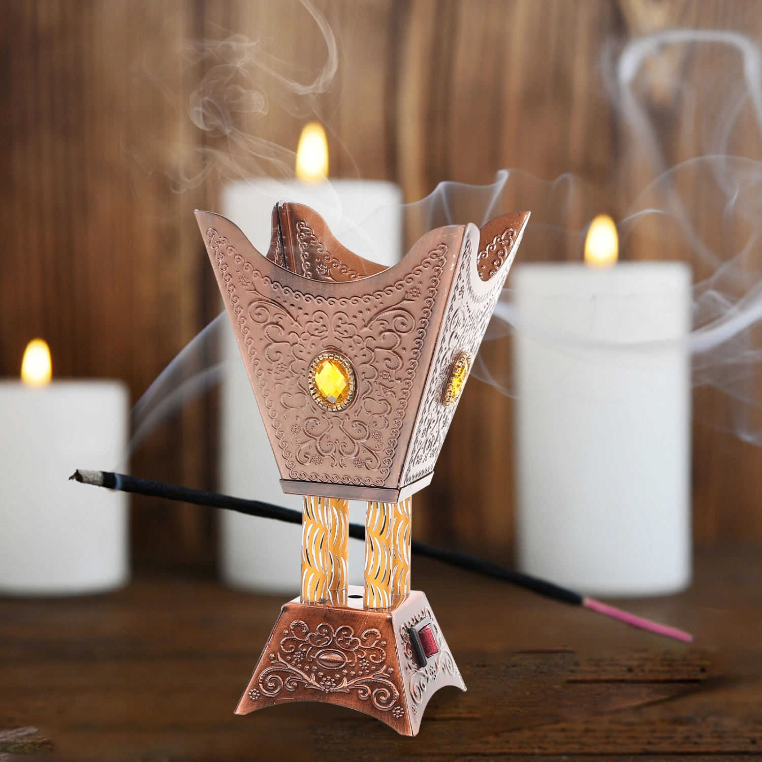 Incense Burner Metal Antiquing Censer Holder Desktop Censer Burner Centerpiece(US Plug)