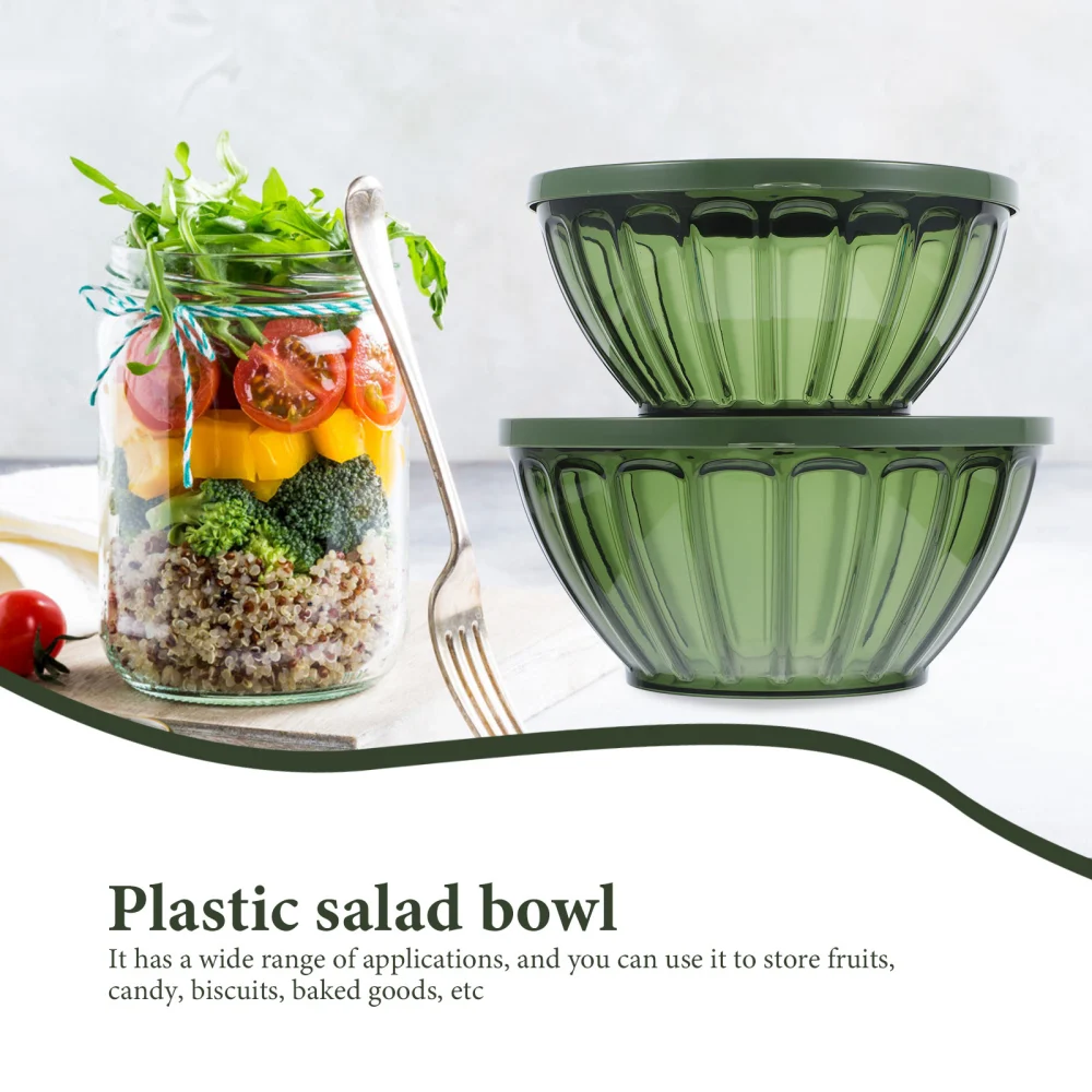 2pcs Salad Bowl Household Food Bowl Clear Plastic Dessert Container with Lid Home Tableware