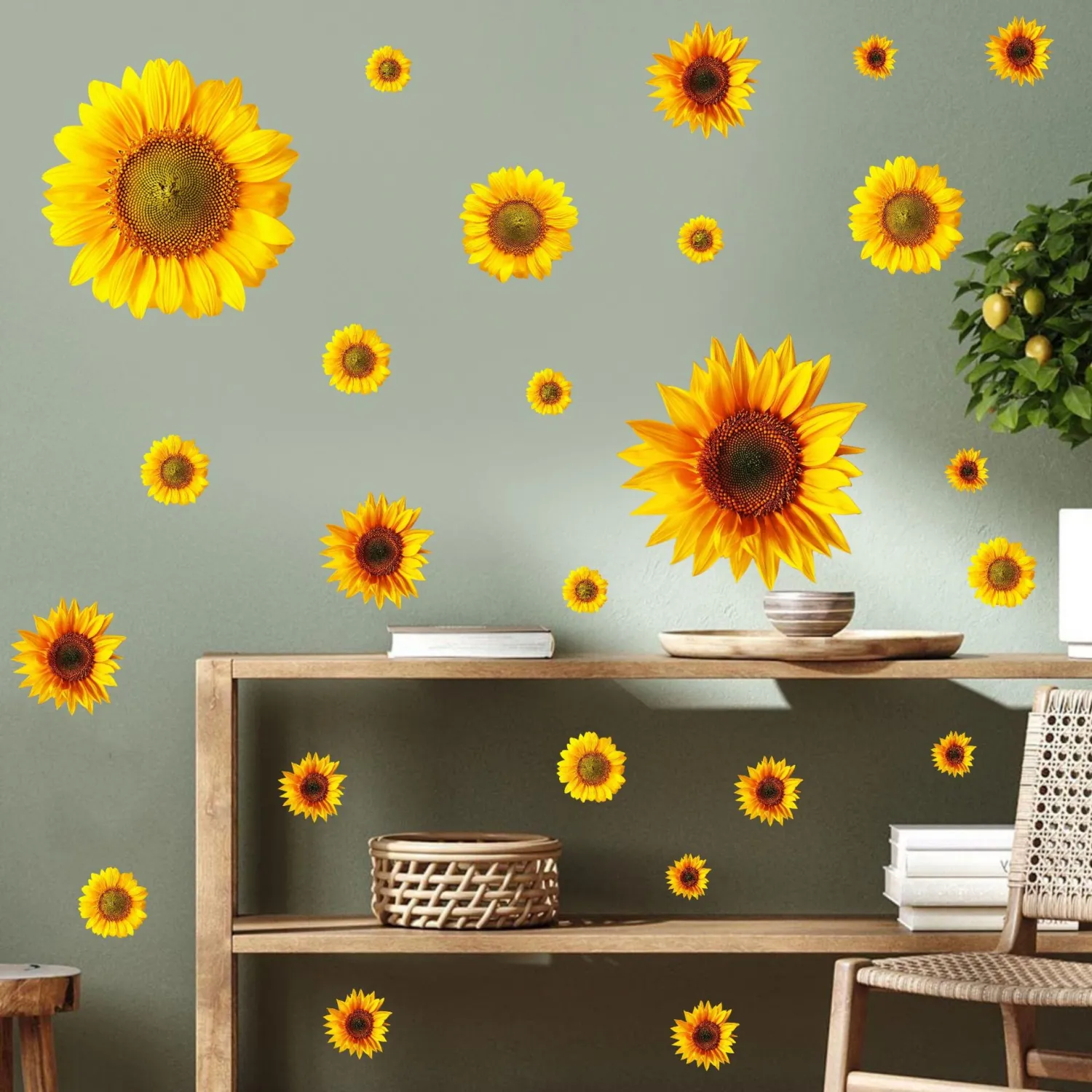 2 Sets Fresh Floral Wall Sticker Adhesive Sunflower Daisy Wall Decal Vivid Wallpaper