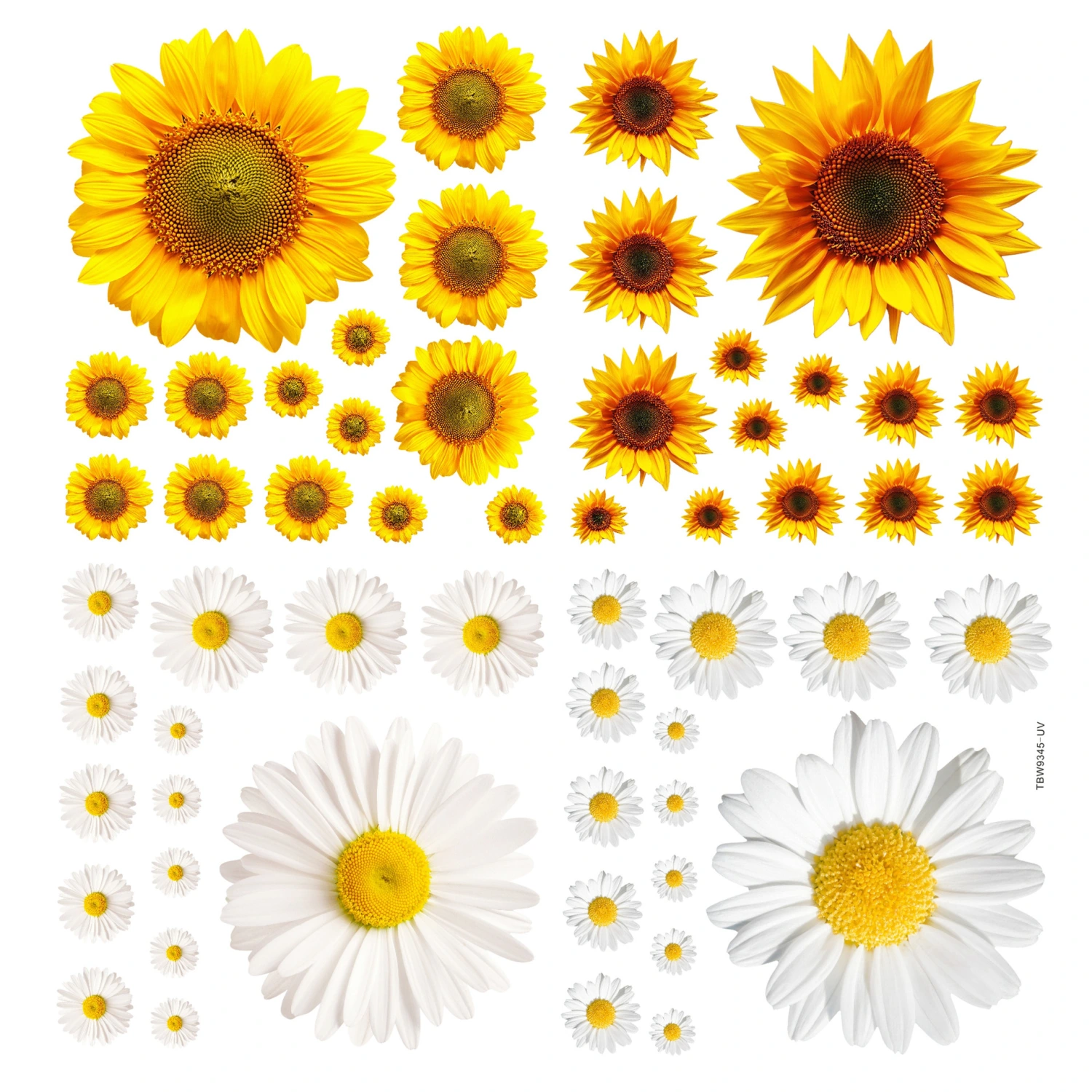 2 Sets Fresh Floral Wall Sticker Adhesive Sunflower Daisy Wall Decal Vivid Wallpaper